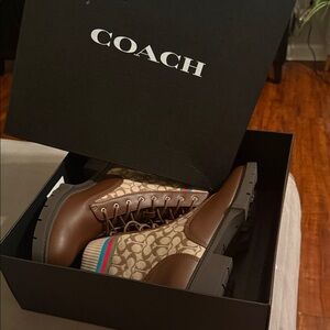 COACH Livia Brown Signature Canvas and Leather Lace-Up Boots with Stripe Accent